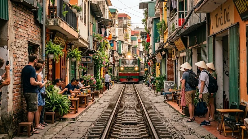 Schmale Gasse in Hanoi mit Bahngleisen, Cafés und Besuchern, im Hintergrund nähert sich ein Zug