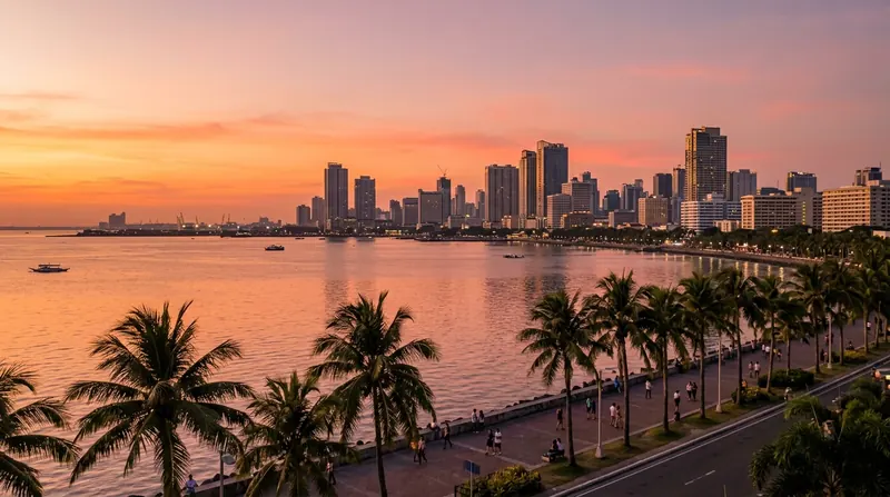 Skyline von Manila bei Sonnenuntergang über der Bucht, vorne eine Uferpromenade mit Palmen