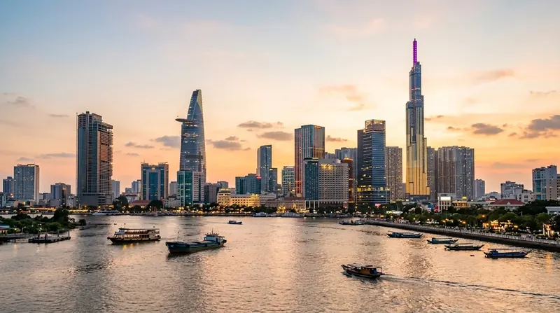Hochhäuser von Saigon am Fluss in der Abenddämmerung, auf dem Wasser fahren Boote